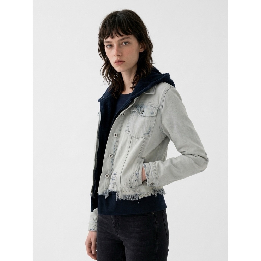 Free People  Denim Jacket Hooded Layered Double Weave Faded Small(10-b68)